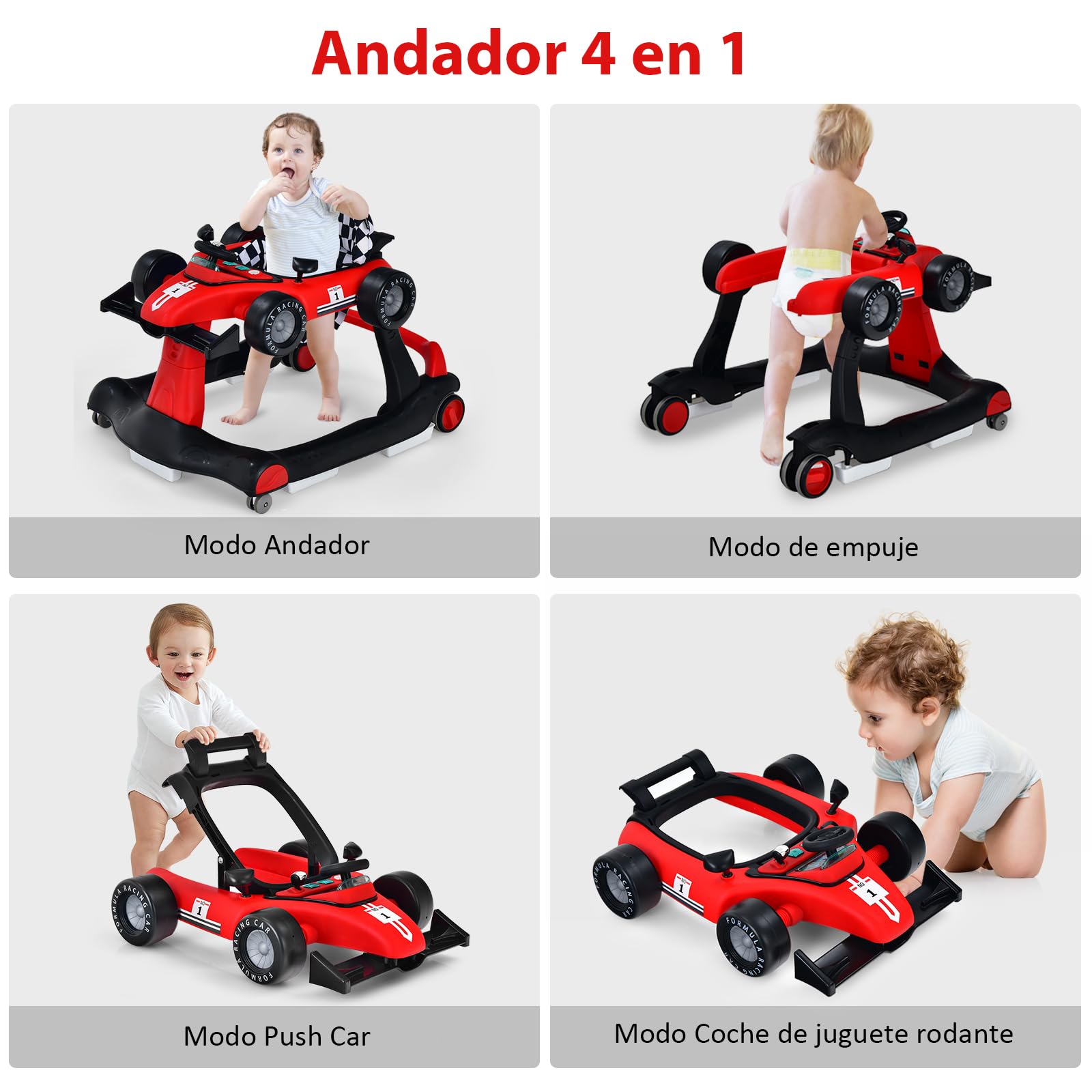 RELAX4LIFE 4 en 1 Andador para Bebés 6-18 Meses, Andador Plegable con Altura Regulable en 3 Niveles, Tacatá Bebés con Luces, Sonidos y Velocidad Controlable, 64 x 73 x 50,5-55,5 cm (Rojo)
