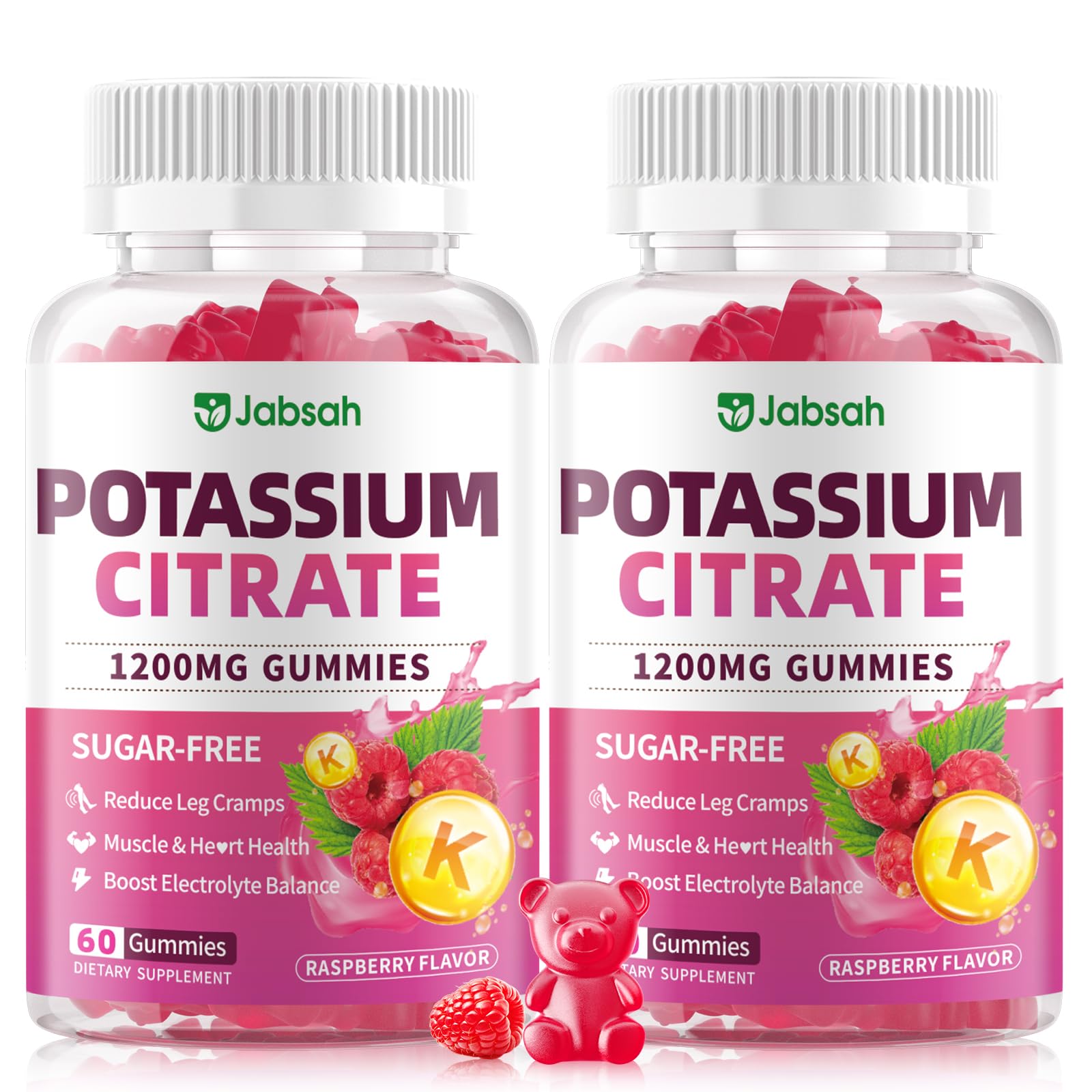 Potassium Citrate Gummies 1200mg, Sugar-Free Potassium Supplement for Adults Women & Men, Supports Leg Cramps & Muscle & Heart Health, Vegan, Gluten Free - Raspberry Flavor (120 Count) 60 Count (Pack of 2)