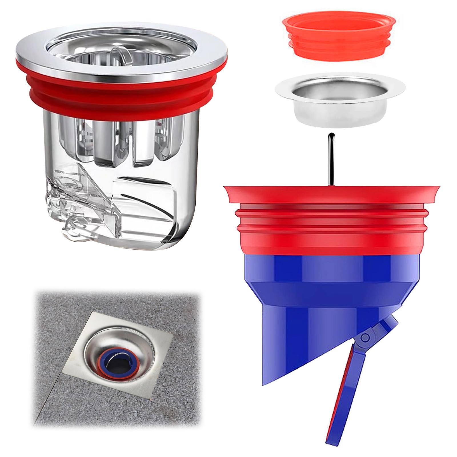 Xmdrou Silver, Red And Blue Pack Of 2 Shower Odour Traps, 35-52 Mm Odour Trap, Floor Drain, Odour-Proof Shower Drain Plug, Odour Stopper, Drain Backflow Preventer, Basement Proof Floor Drain For Sewer