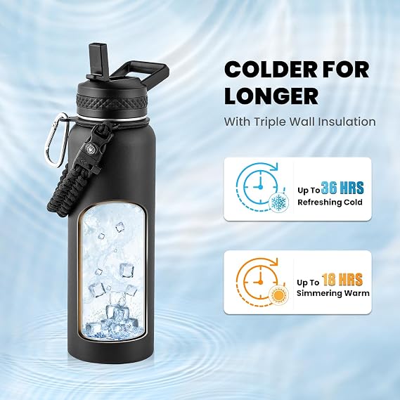 RAYMYLO Insulated Water Bottle 40 oz, Triple Wall Vacuum Stainless Steel (Cold for 36Hrs, Hot for 18Hrs), Leak Proof & Non-BPA, Modern Water Flask Jug with Paracord Handle & Straw Spout Lids