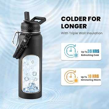 RAYMYLO Insulated Water Bottle 40 oz, Triple Wall Vacuum Stainless Steel (Cold for 36Hrs, Hot for 18Hrs), Leak Proof & Non-BPA, Modern Water Flask Jug with Paracord Handle & Straw Spout Lids