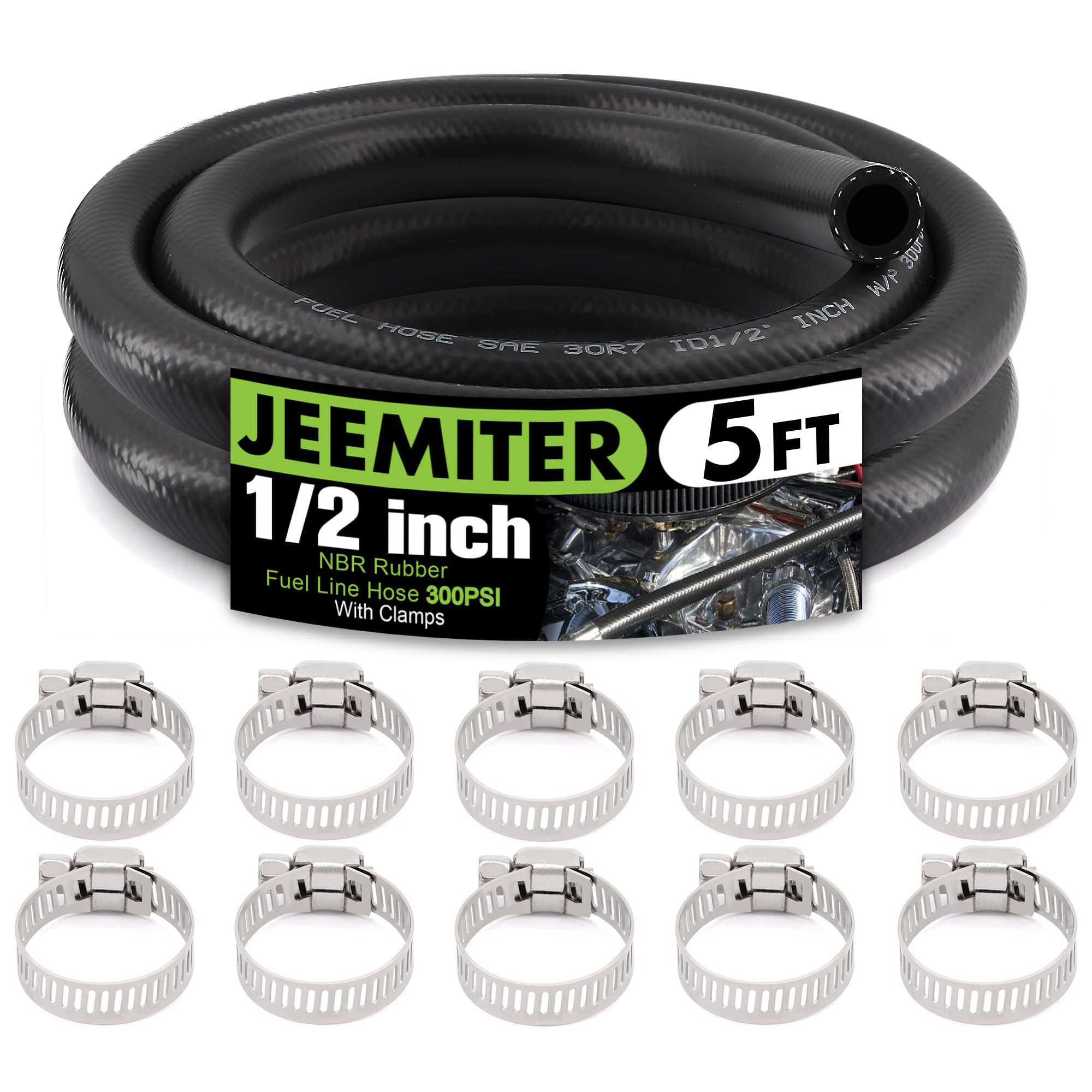 Jeemiter 1/2" ID (13mm) Fuel Line Hose 5FT - Heavy Duty SAE 30R7 NBR Rubber - Short Length High Flow Kit with 10 Clamps for Diesel Trucks, Marine, Tractor &amp; Industrial Use