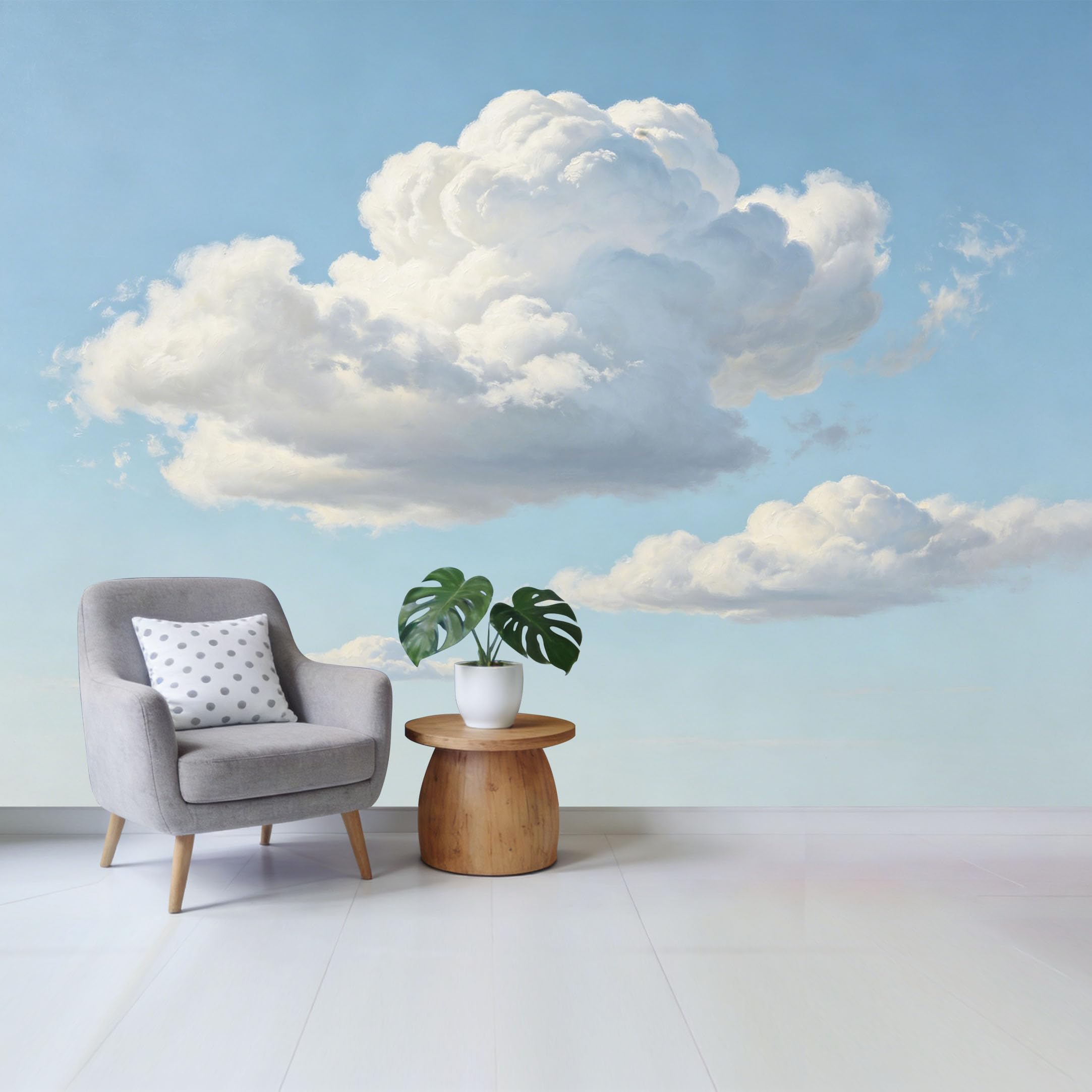 Custom Size Wall Mural Fluffy White Clouds Blue Sky Landscape Oil Painting Removable Self Adhesive Fabric，Home Wall Decor for Living Room Bedroom Bathroom