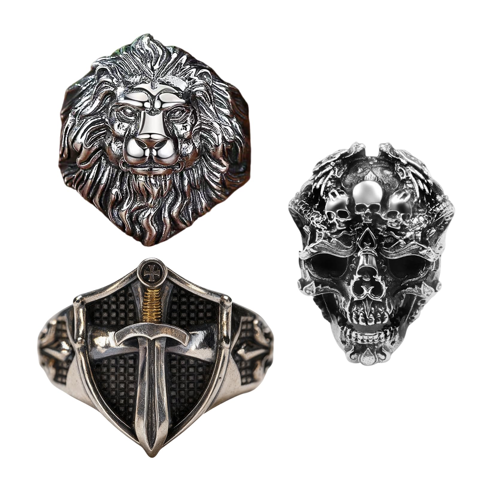 3PCS Ring For Men, Adjustable Signet Ring For Boys,Stainless Steel Retro Style,Skull Head Signet For Man, A Gift For Boyfriends And Husbands' Ring Men