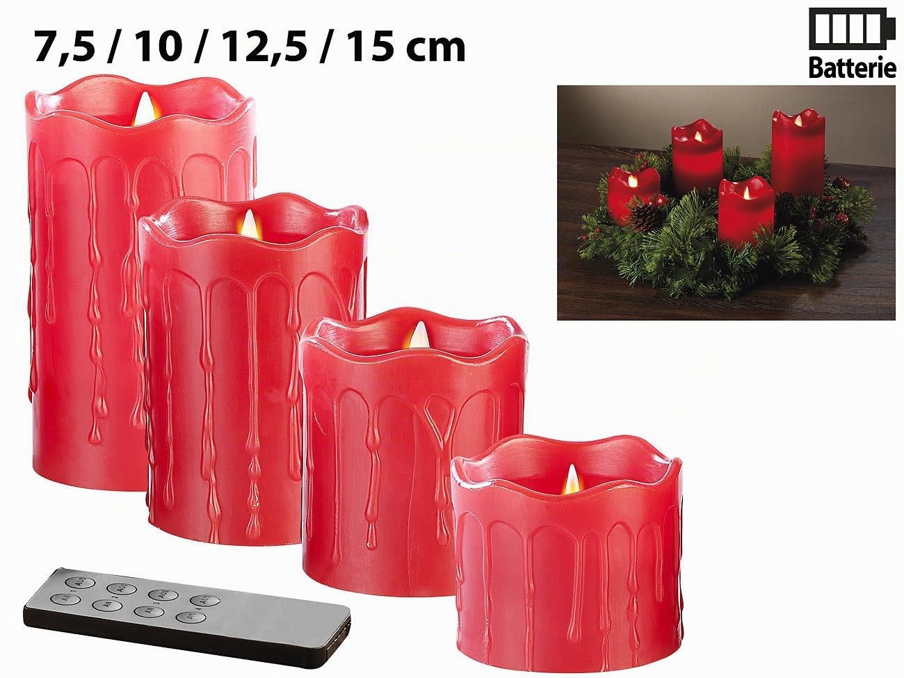 Tannenkranz LED-Kerze: Adventskranz mit roten LED-Kerzen, rot geschmückt (Adventskränze ohne Echte Kerzen, Tischdekorationen, Winter)