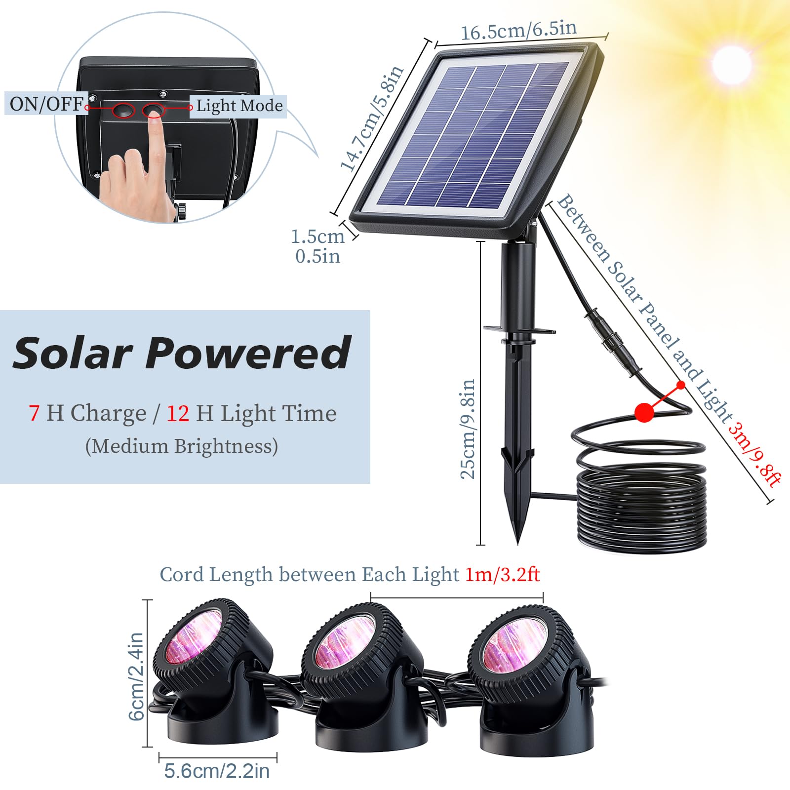 PChero Luci solari sommergibili RGB 3 in 1, impermeabili per laghetti, giardino, cortile, acquario