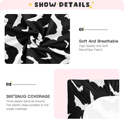 Miniatura 10 de Sábanas de cuna de murciélago de Halloween para bebés niños y niñas, sábanas ajustables para cuna, funda de cama para guardería, paquete suave y