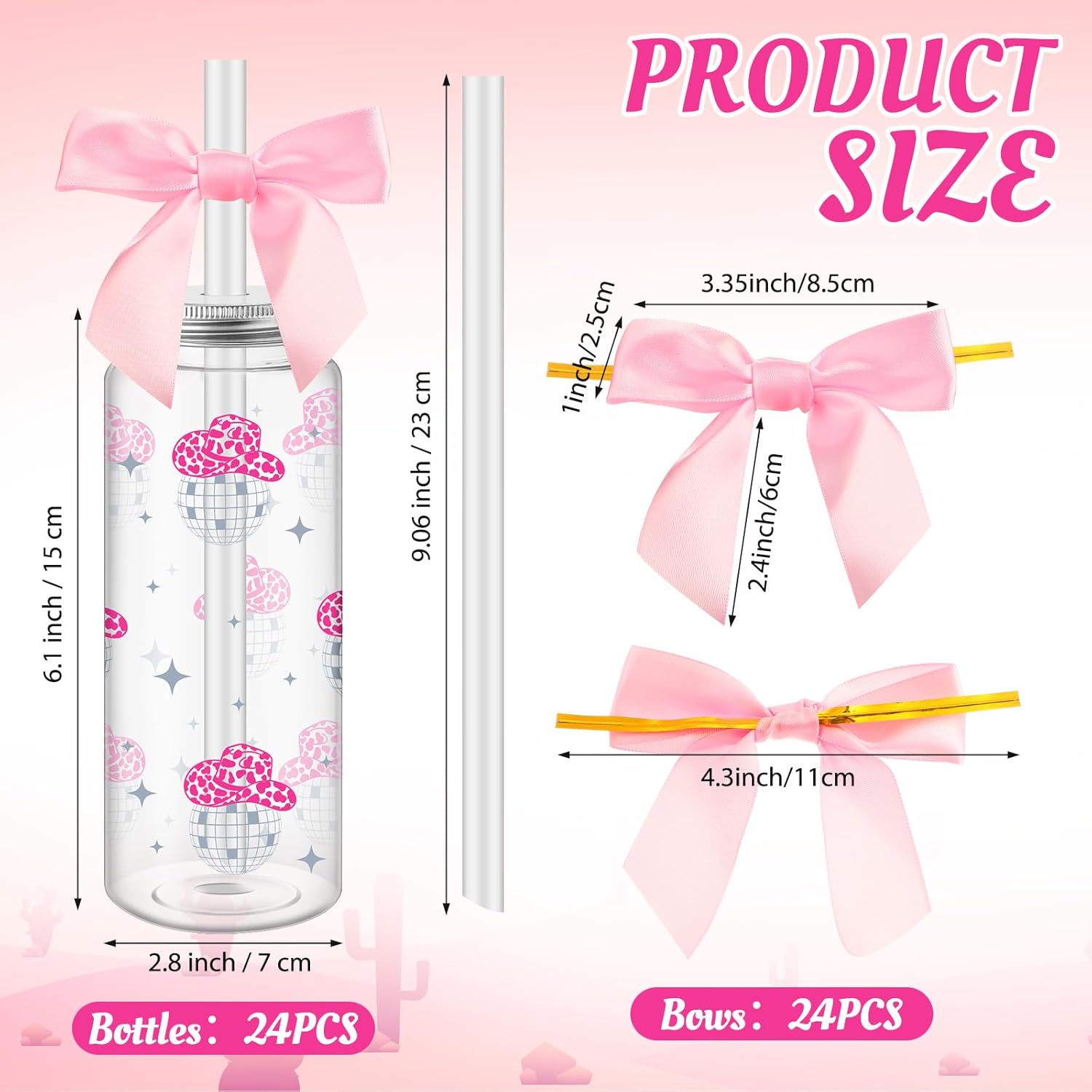 Honeydak 24 Pcs Western Cowgirl Cowboy Pink Plastic Tumbler 14.2 oz Plastic Cups with Lids and Straws and Bows, Cowgirl Tumbler for Disco Bachelorette Birthday Wedding 70s 80s 90s Party - Image 2