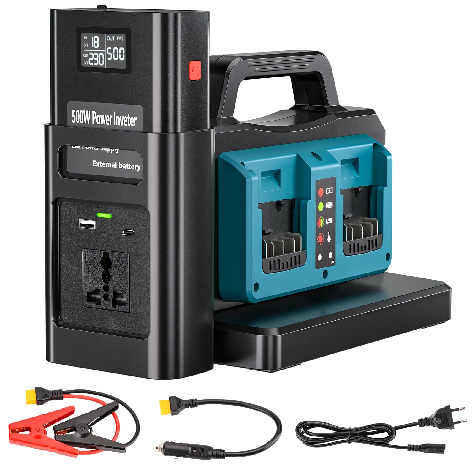 Adisipsoarin Onduleur sinusoïdal Pure 500W pour Batterie Bosch 18V (Pas de Batterie), convertit 18V CC vers 230V CA, avec Prise de Charge Voiture, pour Camping et urgences (4 Ports)