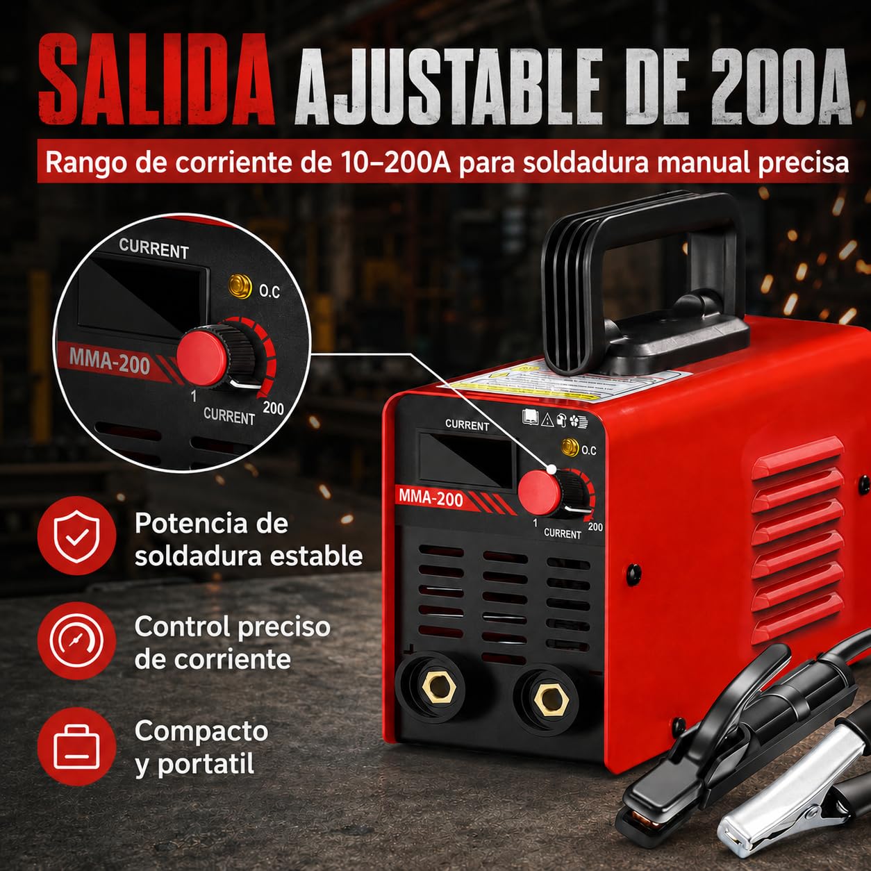 Soldadora de electrodo MMA de 200 A, soldadora de arco de 220 V con pantalla LED, kit con casco de soldadura, martillo para escoria, cepillo con arranque en caliente