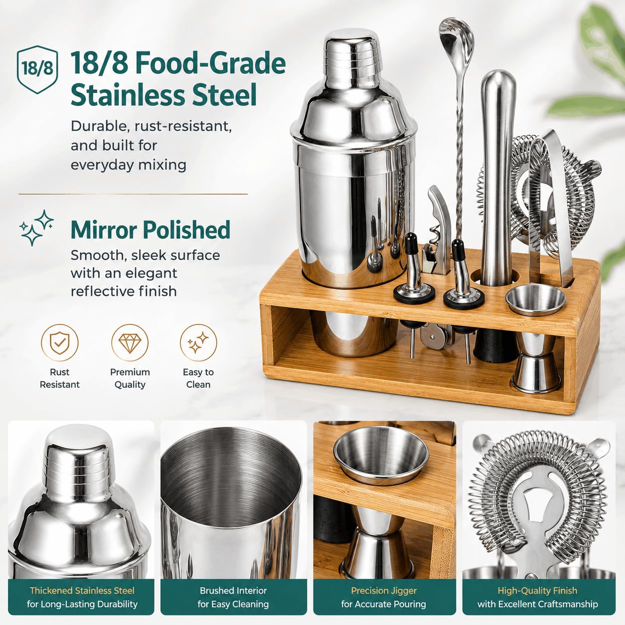 Cocktail Shaker Set, 18/8 Food-Grade Stainless Steel Mixology Bartender Kit 10-Piece Bar Tools with Stylish Bamboo Stand - Rust-Proof & Dishwasher Safe - Professional Martini Shaker Gift for Men, Dad view 3