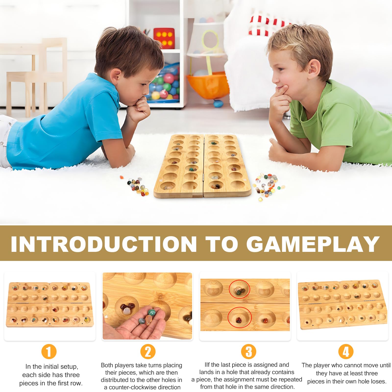 Faltbare Kalaha Spiel mit 65 Steine, Steinchenspiel Mancala Brettspiel Steinchenspiel Holz mit Steinen Hus Bao Rätselspiele, für Reisen Partys Schulaktivitäten für Alle Altersgruppen Geeignet