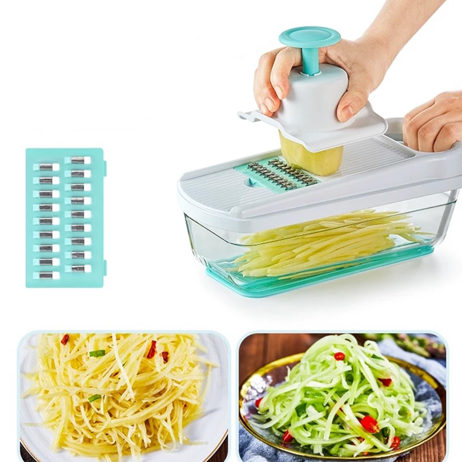 Mandolina de Cocina Profesional Cortador de Verdura, con Recipiente y Protector Manos, Fácil Limpiar, 6 Cuchillas Reemplazables, Cebolla, Utensilio Cocina Preparar Alimentos