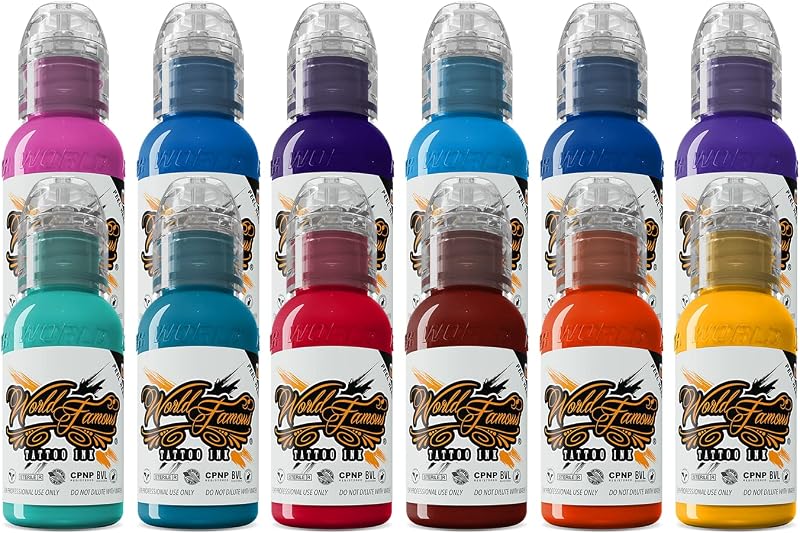 Kit de Tintas para Tatuagem WORLD FAMOUS TATTOO INK com 12 Cores Primárias #2, 30 mL Cada, Vegan
