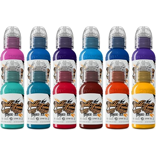 World Famous Tattoo Ink - 12 Primary Color Tattoo Kit #2 - Professional Tattoo Ink in Color Assortment of Tattoo Ink - Skin-Safe Permanent Tattooing - Vegan & Non-Toxic (1 oz Each)