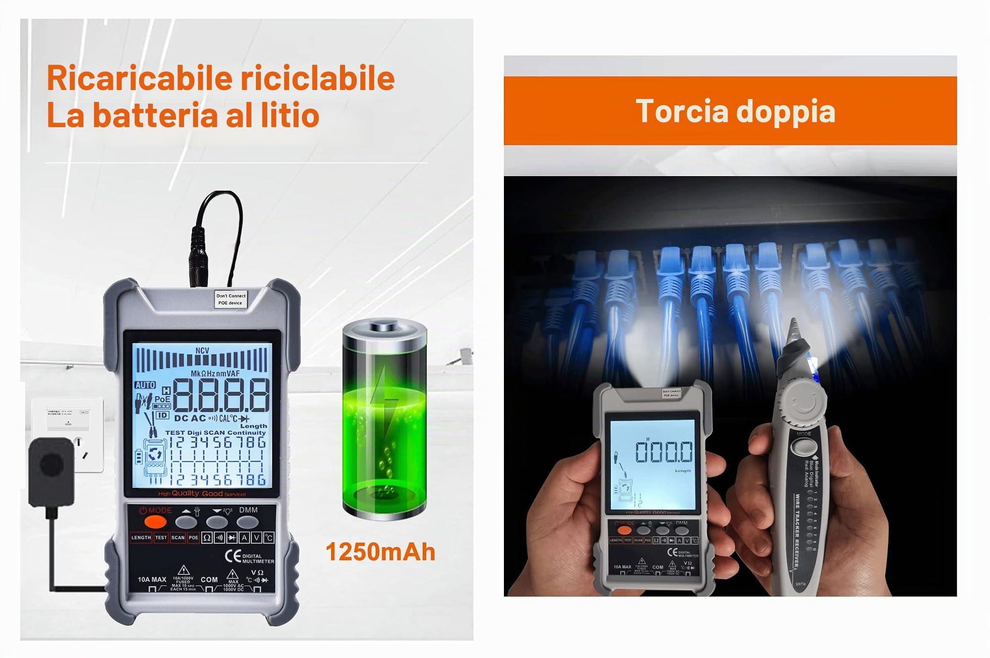KALEA-INFORMATIQUE Tester di rete e multimetro digitale professionale LCD RJ45 RJ11: mappatura, continuità, lunghezza, POE, tensione, localizzazione, torcia, tensione CC CA, temperatura, diodi