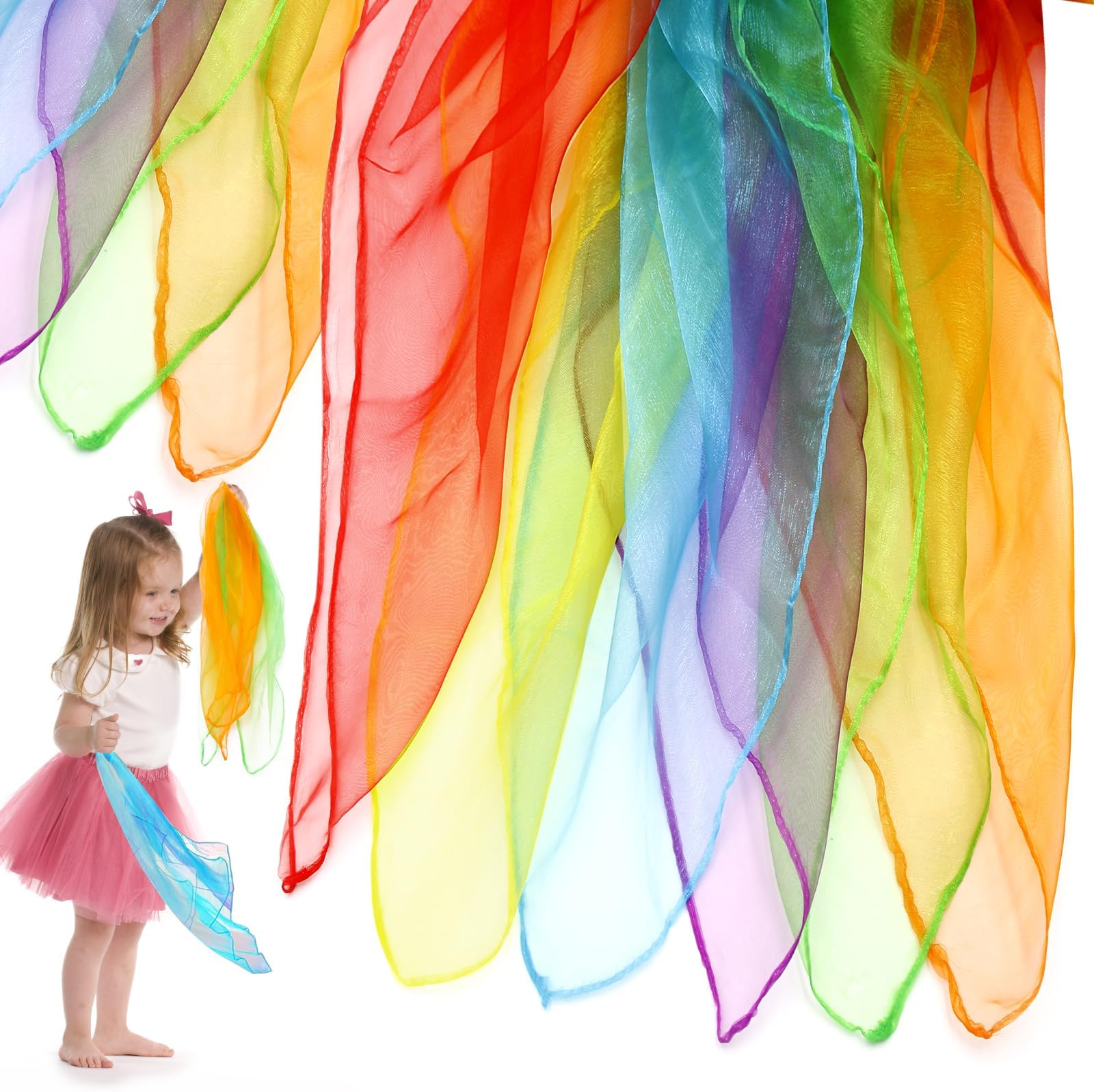 Koyigo6 Pcs Sensory Scarves, Rainbow Colour Baby Sensory Toys Children Dance Juggling Scarves Silk-like Fabric,Square Scarf for Baby, Performance Props Accessories Scarves for Children