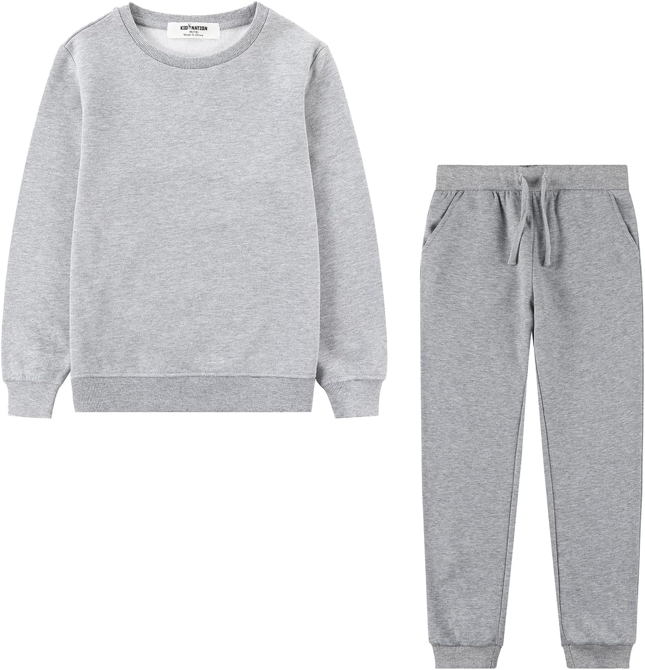 Kid Nation Kids Unisex Soft Brushed Fleece Crewneck Sweatshirt and Fleece Sweatpants Jogger Sets for Boys or Girls (Grey,8-10years)
