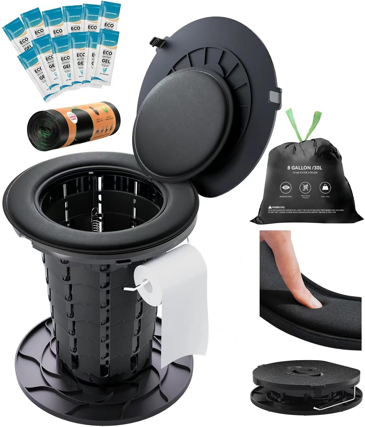 Adjustable Height Portable Toilet with Soft Seat Cushion, Waste Bags & Gel, Camping Toilet for Adults & Kids, Compact Travel Potty for Outdoor, RV, Hiking, Emergency Use