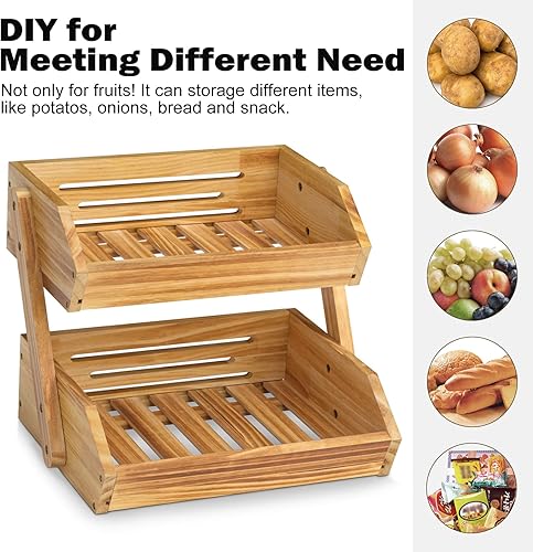 Miniatura 4 de CALM COZY Cesta de frutas y verduras de 2 niveles para cocina cuenco de frutas de madera para almacenamiento