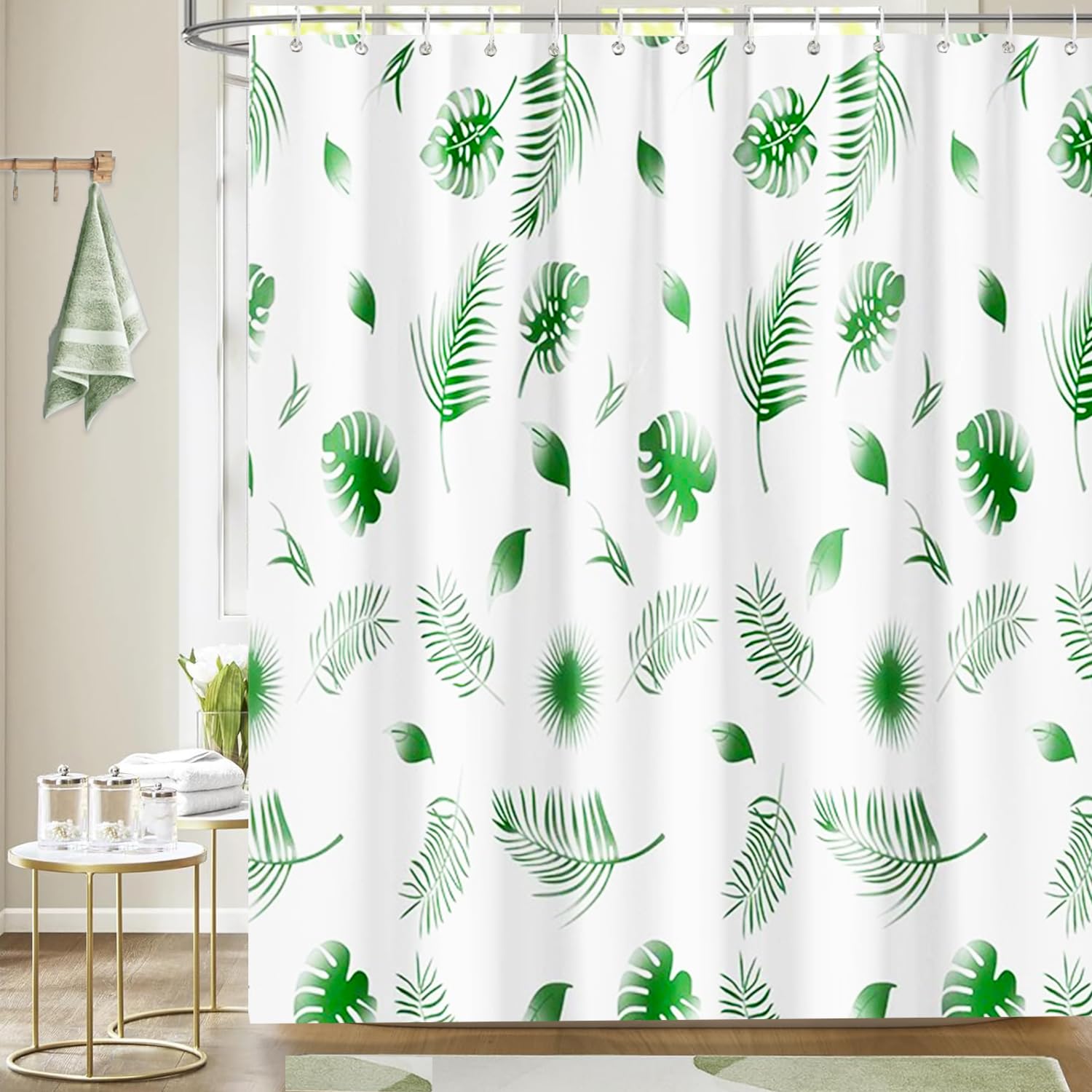zhaoyeqing Shower Curtain - 180 x 200 cm - Mould Proof and Mildew Resistant Washable Bathroom Curtains - Bath Curtains with Hooks - Green and White Shower Curtain for Bathroom - Green Leaves