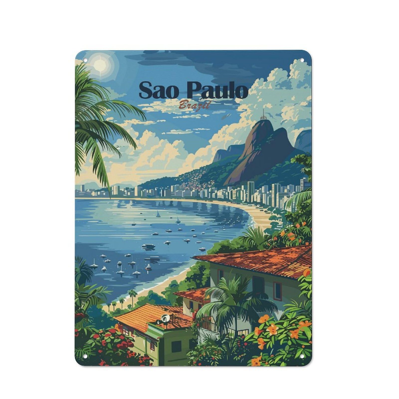 Junmoney Sao Paulo Cityscape Rustic Tin Wall Plaque 40X30cm For Garage Or Workshop, For Garage Decor Fans, For Retro Home Interiors