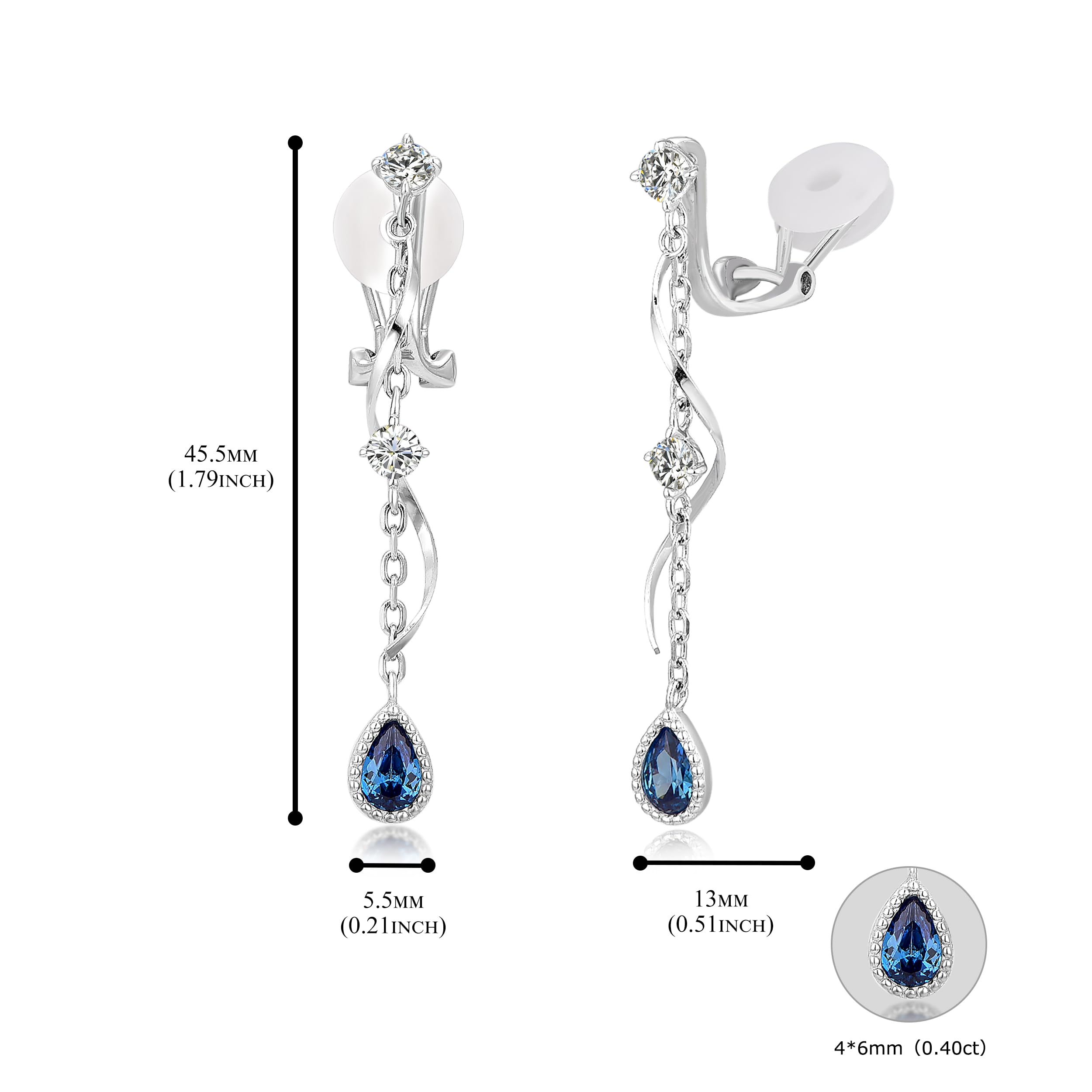 Longues Pendantes Boucle d'Oreille Clip Femme Pierre Natale 45.5mm | Hypoallergénique, 5A Zircon Brillant, Plusieurs Couleurs Disponibles, Facile à Porter sans Percage, Cadeau Anniversaire Femme