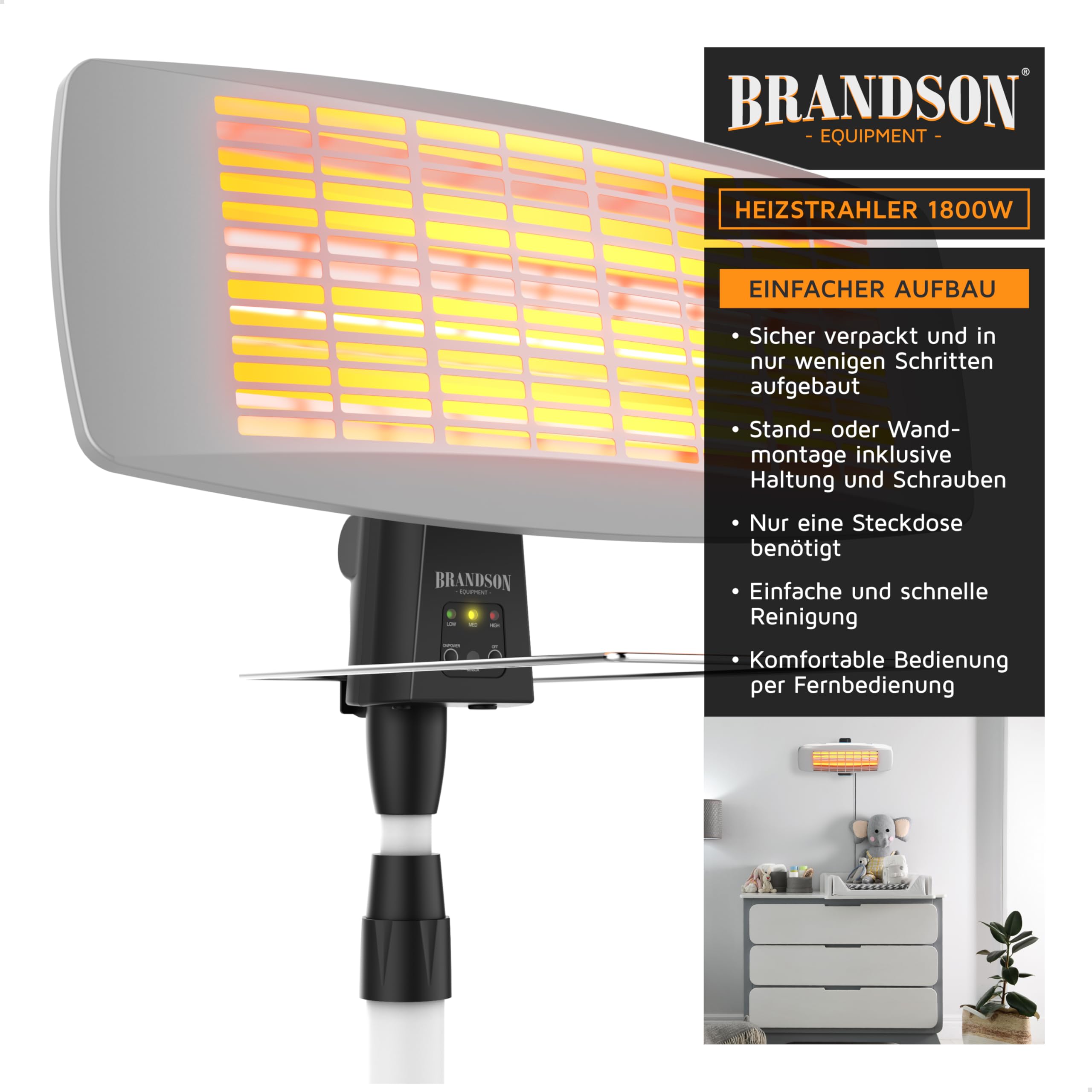 Brandson - Heizstrahler mit Fernbedienung Outdoor Indoor - Elektro Infrarot Terrassenheizstrahler - 3 Leistungsstufen Heizelemente - LED Power Indikator - Wandhalterung - Balkon Garten Terrasse