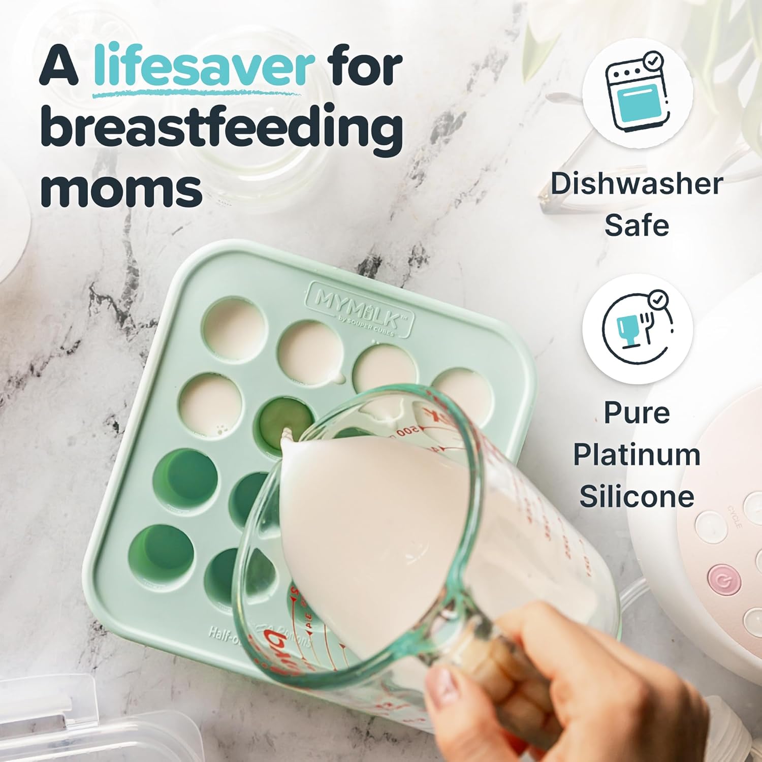 Souper Cubes MyMilk 1/2 oz. Silicone Breast Milk Freezer Trays, Each Pure Platinum Food-Grade Silicone Tray Holds 8 oz., Perfect For Baby Food Freezer Storage, Purees, and More - Mint - 2-Pack
