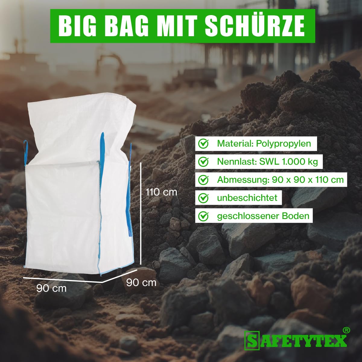 Safetytex Big Bag mit Schürze 90x90x110 cm Schüttgutbehälter (10 Stück) | 1000 kg Tragfähigkeit, robuster Transportsack, für Schüttgüter, Entsorgung, reißfest, langlebig, leicht befüllbar