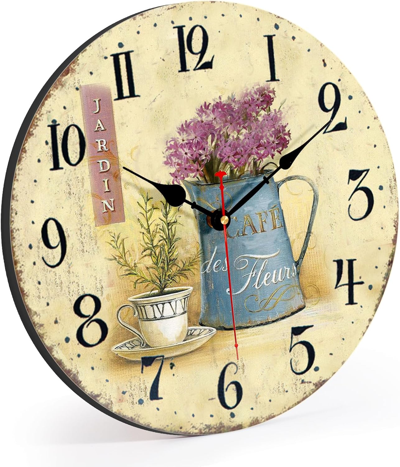 Wooden Wall Clock 14 Inch Arabic Numerals Easy to Read Silent Wall Clock Vintage Battery Operated Cafe and Flowers Style Wall Clock Decorative for Bedroom, Living Room, Dining Room