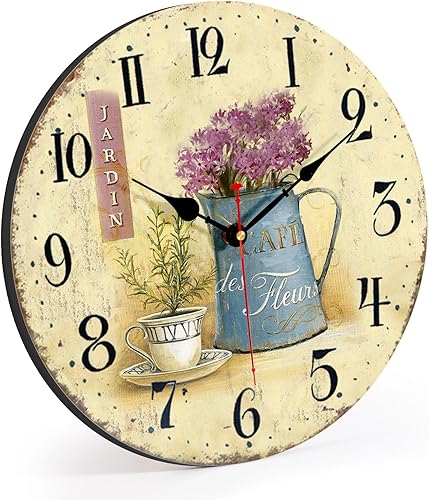 Miniatura 4 de Reloj de pared de madera con números arábigos de 14 pulgadas, fácil de leer, reloj de pared silencioso vintage con pilas, estilo café y flores,