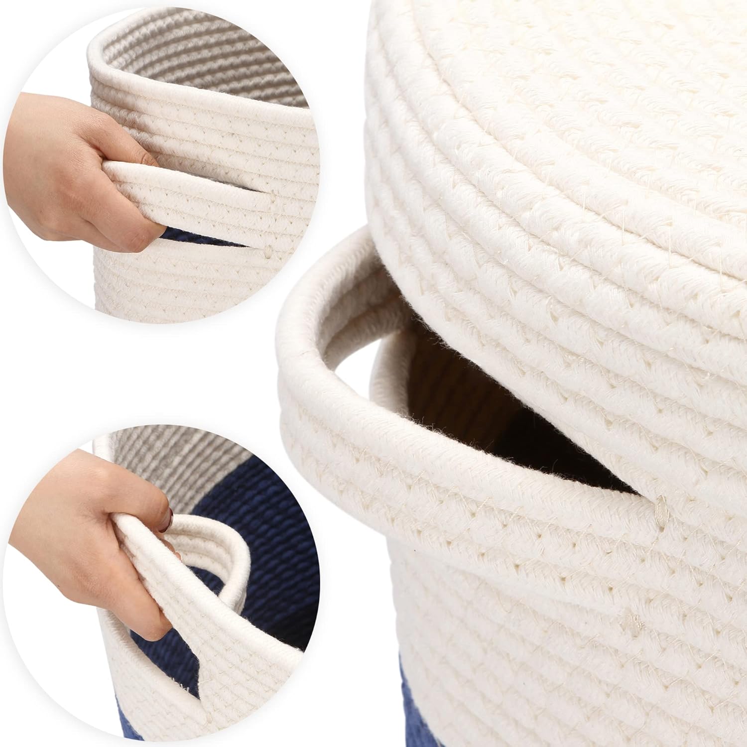 Sea Team Large Size Cotton Rope Woven Storage Basket with Lid, Lidded Laundry Hamper with Handles, Fabric Bucket with Cover, Clothes Toys Organizer for Kid's Room, 16 x 20 inches, White & Pink