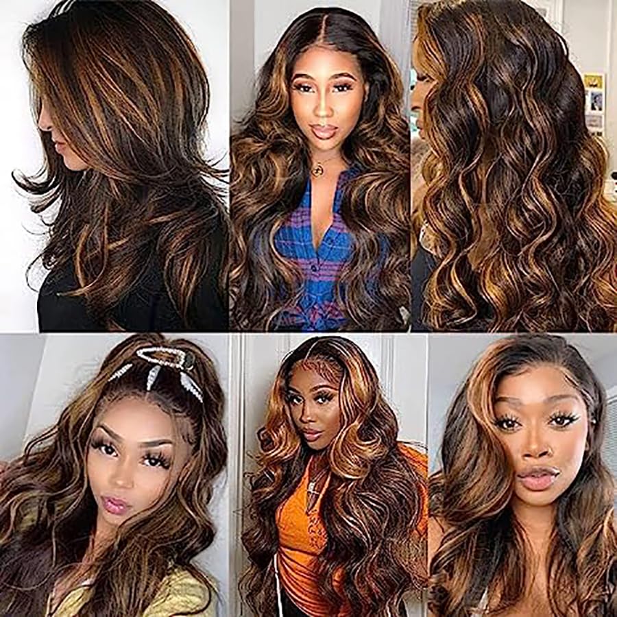 AiPliantfis Body Wave Human Hair Wig Brown Real Hair 4X1 Lace Glueless Wig Wear and Go P430 Highlight Pre Plucked 150% Density Unprocessed Brazilian Virgin Hair 14 Inch - Afbeelding 6