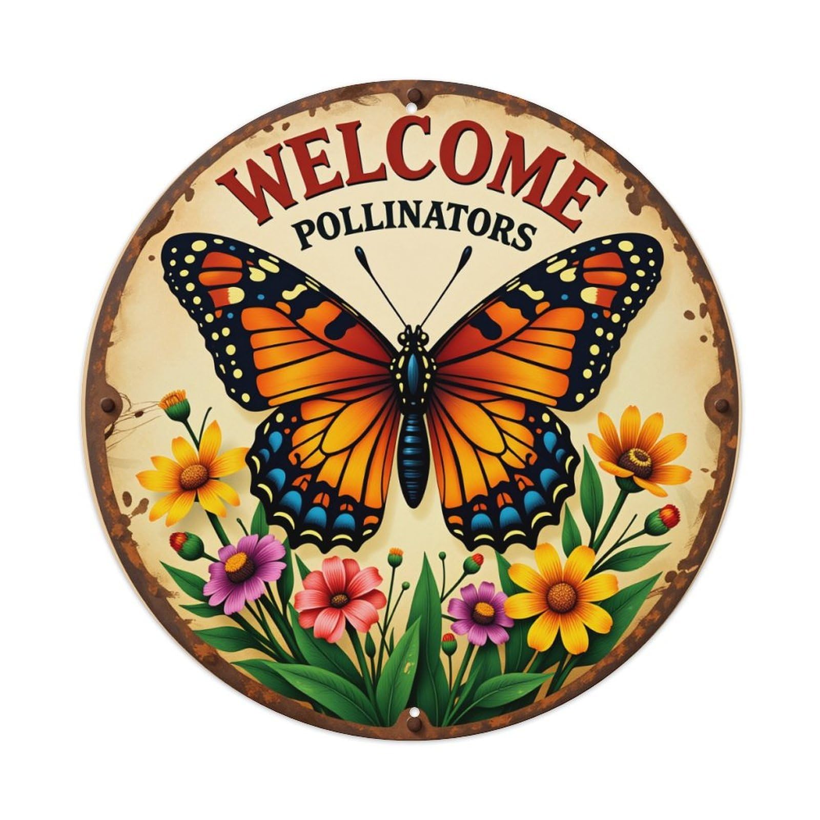 Butterfly Flowers Welcome Pollinators Sign Round Vintage Tin Sign,Retro Wall Art,Metal Poster for Home, Bar, Garage, Cafe, Rustic Indoor & Outdoor Decor, 8x8 Inches