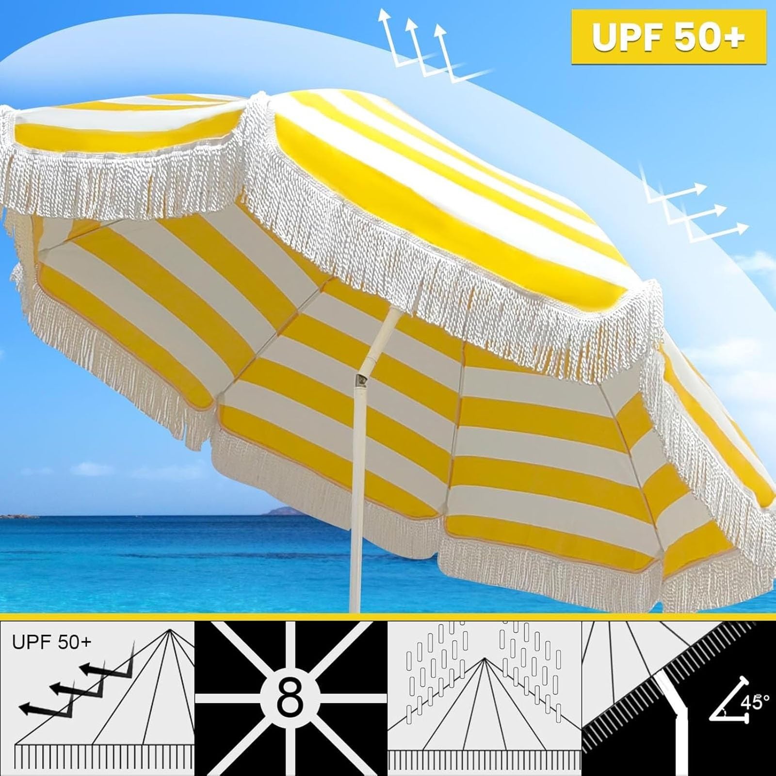 180 cm - Ombrellone da Campeggio Patio Esterno - Strisce Bianche e Gialle, Ombrellone da Spiaggia Vacanze inclinabile, UV 50+, Impermeabile, Antivento, per Giardino Piscina Cortile