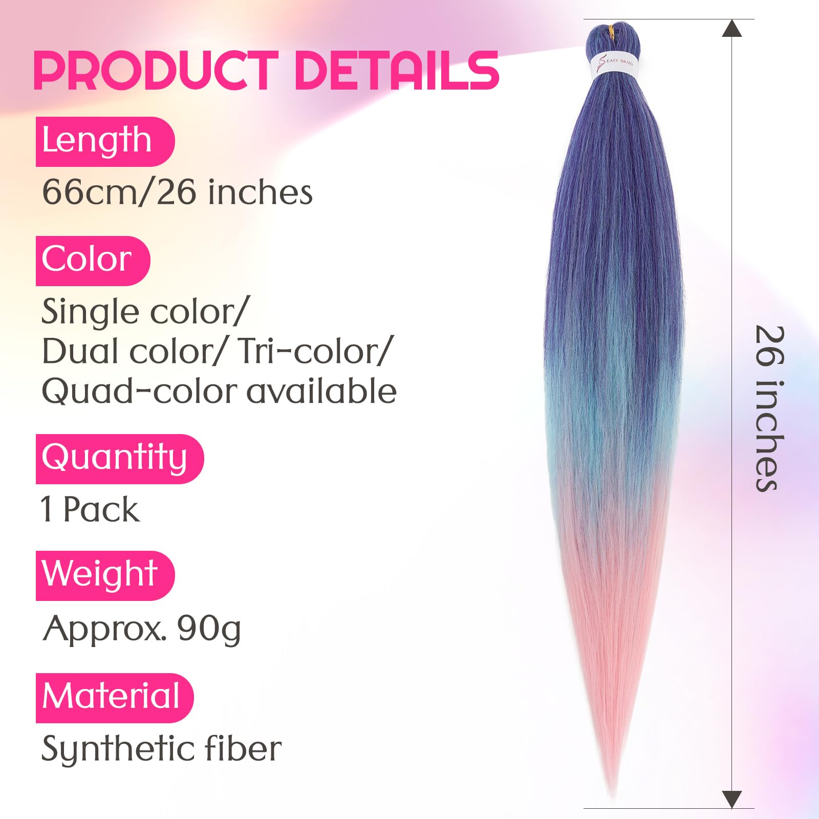 Silk-co Braiding Hair Extension Pre Stretched Professional Easy Braiding Hot Water Setting Yaki Synthetic 26 inch 90g Dark Blue&Blue&Pink - Image 2