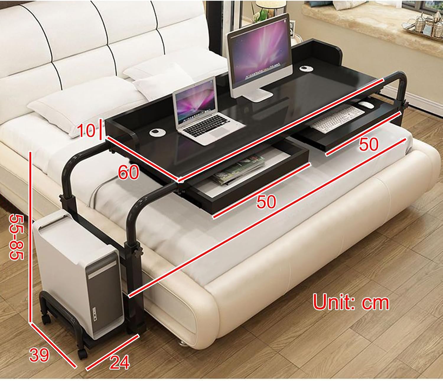 Extendable Rolling Mobility Table Over Bed,Overbed Table with Wheels, King Queen Bed Table, Swivel Wheel Rolling Tray - Multifunctional Movable Cross-Bed Table, Overbed Table, Roll