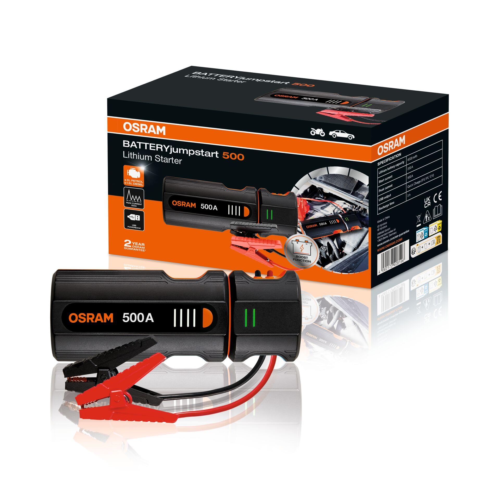 OSRAM BATTERYjumpstart 500, Starthilfe Powerbank, Lithium-Starthilfegerät, für 12V-Fahrzeuge mit bis zu 3.0L Benzin- und 1.5L Dieselmotoren