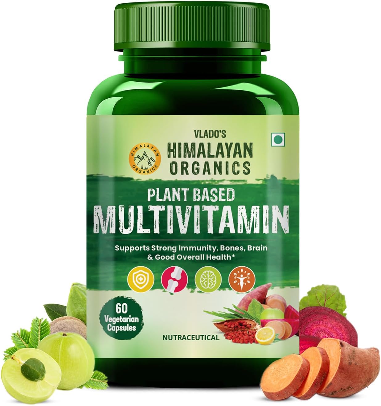 HIMALAYAN ORGANICS Plant Based Multivitamin 60+ Ingredients With Vitamin B1, B2, B3, B5, B6, B7, B9, B12, A, C, D, E, K, Calcium etc Good For Men & Women - 60 Veg Capsules