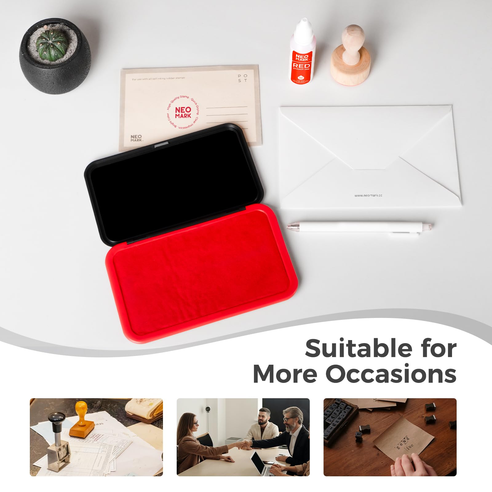 NEO MARK Kit de almohadillas de sello rojo grande (tinta de 1 oz incluida), innovador diseño de tapa magnética, almohadilla de sello de fieltro premium para oficina, hogar, 3.50 x 6.25 pulgadas
