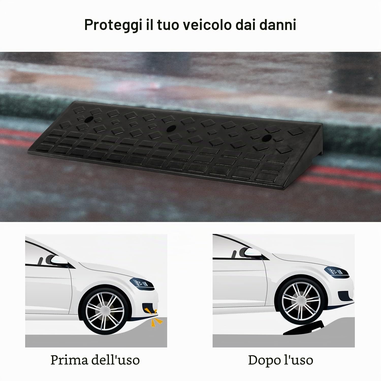 MYOYAY Rampa in gomma per marciapiede, 10 cm | Rampa per soglia dell'auto, con set di fissaggio, per auto, sedia a rotelle, moto, marciapiedi, 100 x 25 x 10 cm