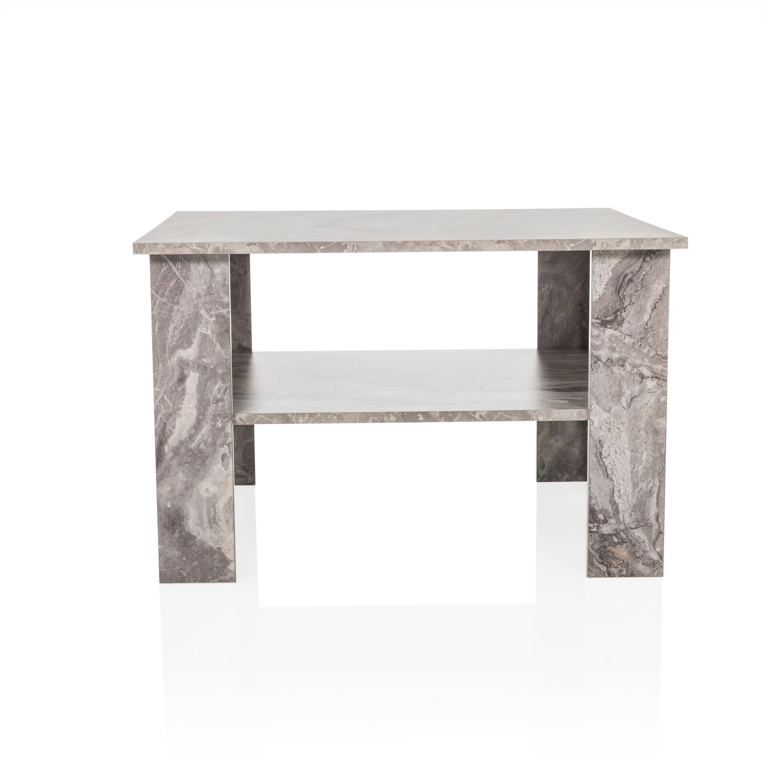 Couchtisch in Marmor-Optik 70x70 cm BISMO Wohnzimmertisch mit zusätzlicher Ablagefläche, Moderner Beistelltisch Quadratisch, Grau