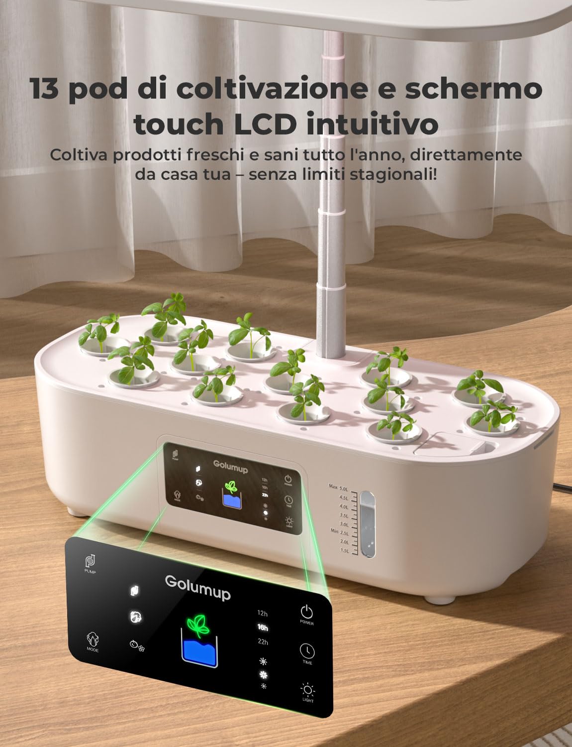 Serra Idroponica 13 Baccelli, Smart Garden con Doppia modalità di Coltivazione, con Luce LED per Coltivazione, Timer Automatico, Altezza Regolabile, Bianco