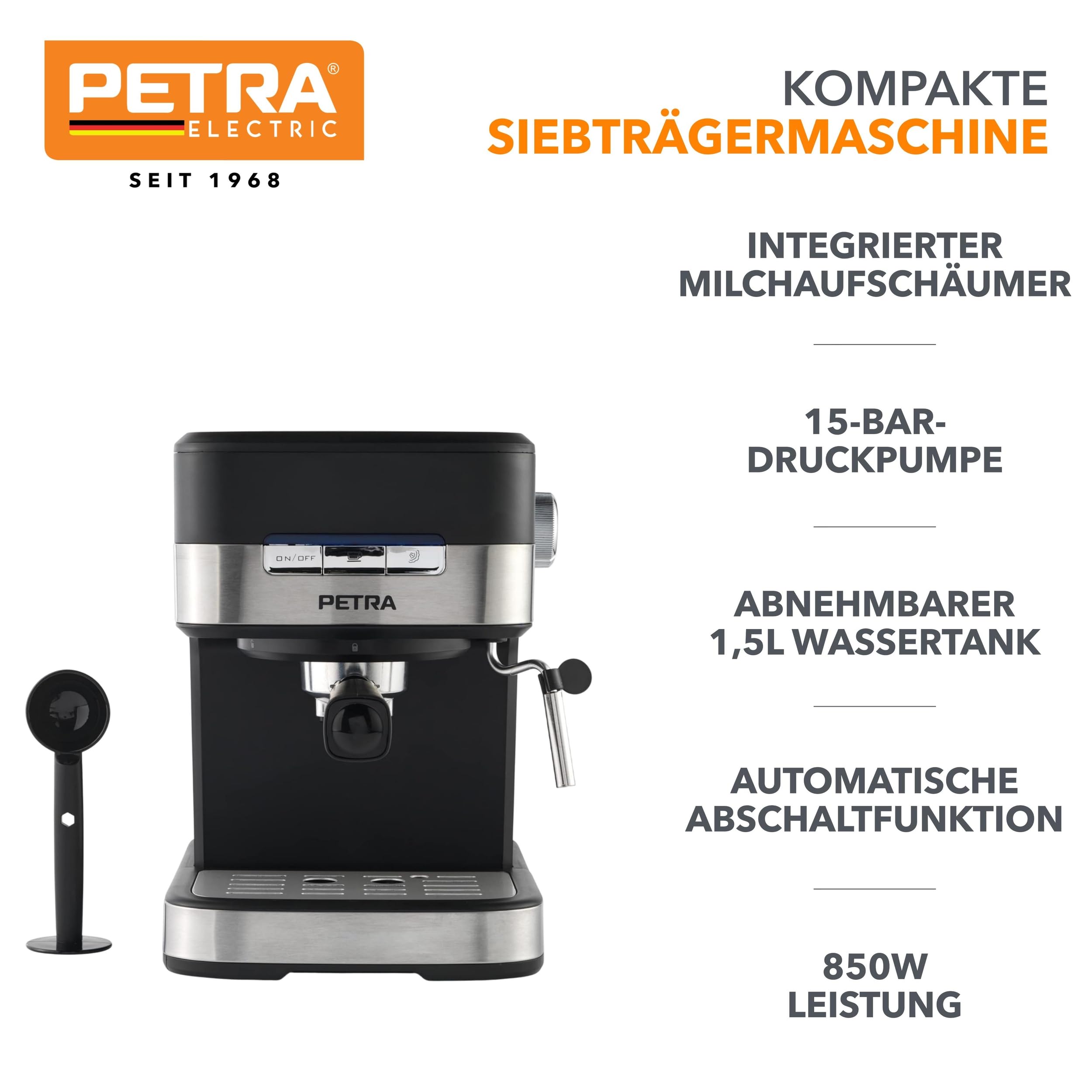 Petra PT4623VDEEU7 Elektrische Espressomaschine, 15-bar-Druckpumpe, Milchaufschäumer, BPA-frei, Schwarz