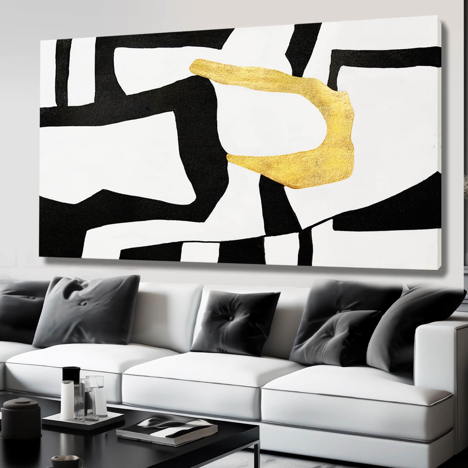 NBAODAN Minimalist Art Painting Gold Picture Wall Decor Large Abstract Wall Art for Bedroom Black Wall Decor for Living Room 29"x58" Framed Canvas Art