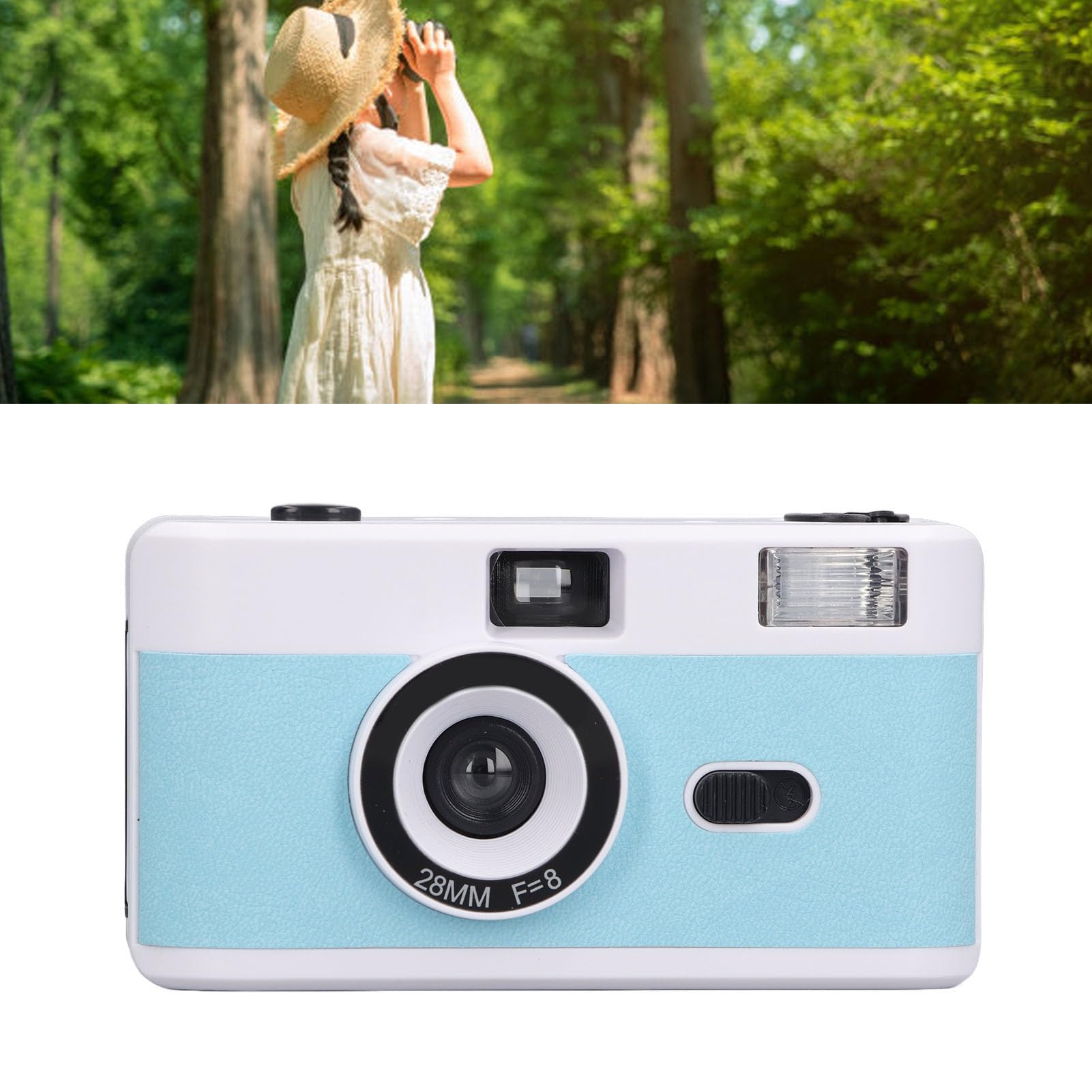 Film Camera 35MM, Reusable Film Camera with Flash, Retro Film Camera Supports 135 or 35MM Black and White or Color Film, 28MM F/8 Lens 1/120s Shutter Speed (Blue White)