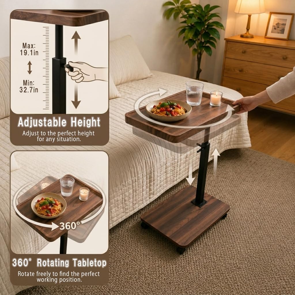 C Shaped Side Table for Couch, TV Tray, End Table (Walnut)