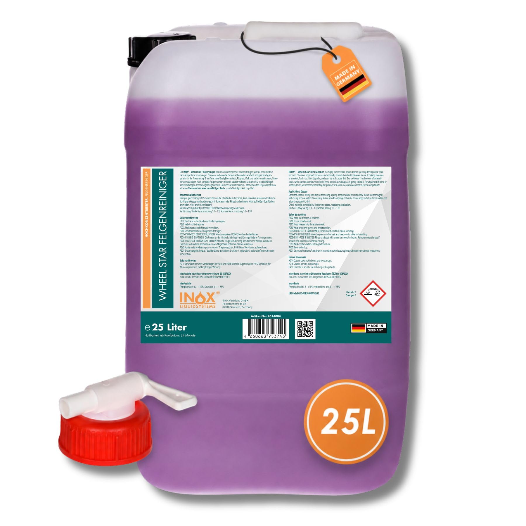 INOX® Felgenreiniger 25L | Hocheffektiver Felgenreiniger für Alufelgen, Stahl- & Chromfelgen | Entfernt hartnäckigen Schmutz, Bremsstaub & Flugrost | Profi-Autopflege für glänzende Felgen