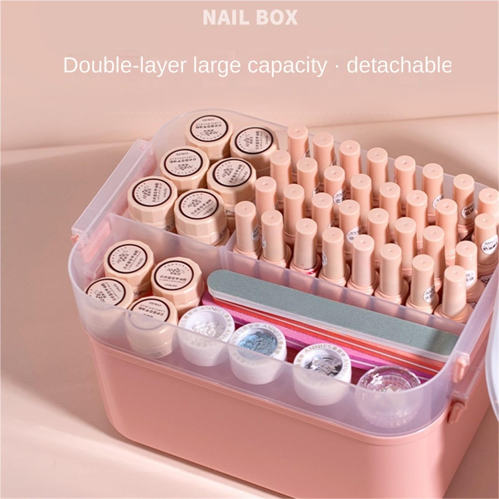 Organizador Esmaltes Uñas Contenedores De Almacenamiento Plástico 2 Capas con Tapas, Caja Multiusos For Herramientas Uñas para Mesa Tocador(Pink)